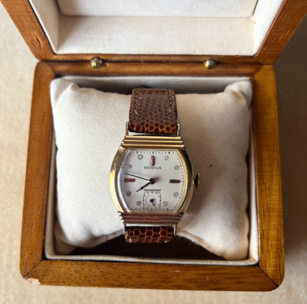 VNTG BENRUS 1940s Men's Watch Diamond Ruby Dial 10K Rolled Gold Plate Art Deco